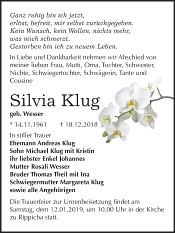 Traueranzeige von Silvia Klug von Mitteldeutsche Zeitung Zeitz