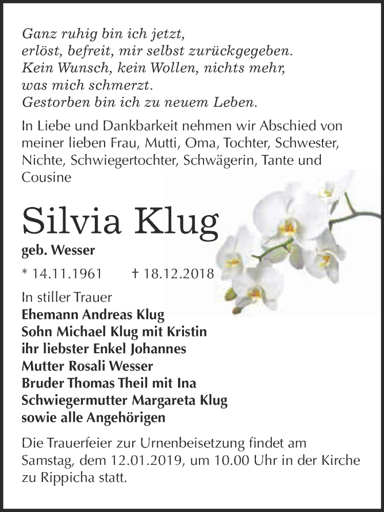  Traueranzeige für Silvia Klug vom 29.12.2018 aus Super Sonntag Zeitz