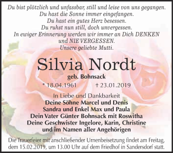 Traueranzeige von Silvia Nordt von WVG - Wochenspiegel Bitterfeld
