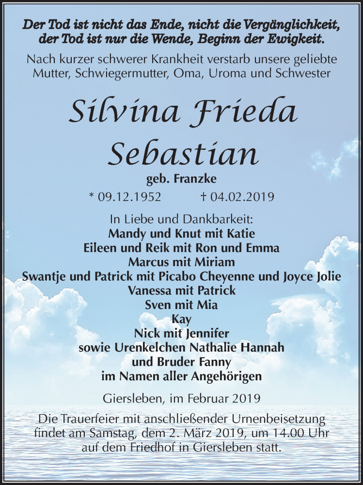  Traueranzeige für Silvina Frieda Sebastian vom 16.02.2019 aus Mitteldeutsche Zeitung Aschersleben