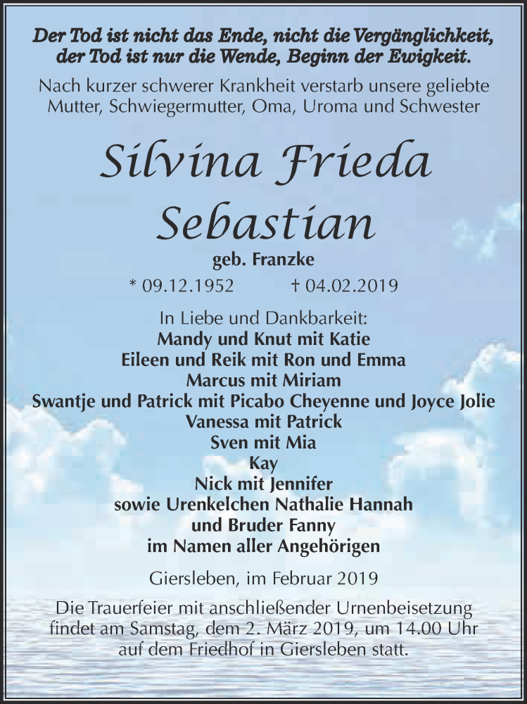  Traueranzeige für Silvina Frieda Sebastian vom 11.02.2019 aus Super Sonntag Aschersleben