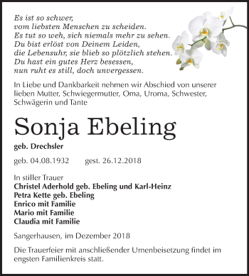 Traueranzeige von Sonja Ebeling von Mitteldeutsche Zeitung Sangerhausen