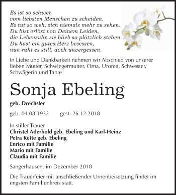 Traueranzeige von Sonja Ebeling von Super Sonntag SGH Mansf. Land