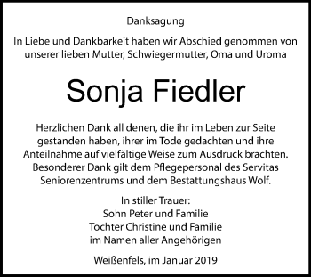 Traueranzeige von Sonja Fiedler von Mitteldeutsche Zeitung Weißenfels