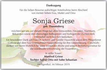 Traueranzeige von Sonja Griese von Wochenspiegel Mansfelder Land