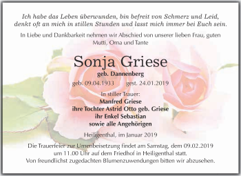 Traueranzeige von Sonja Griese von Wochenspiegel Mansfelder Land