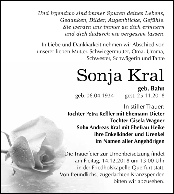 Traueranzeige von Sonja Kral von WVG - Wochenspiegel Merseburg