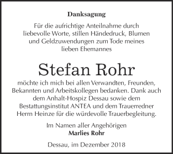 Traueranzeige von Stefan Rohr von WVG - Wochenspiegel Dessau / Köthen