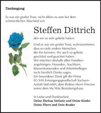 Traueranzeige von Steffen Dittrich von WVG - Wochenspiegel NMB / WSF / ZTZ