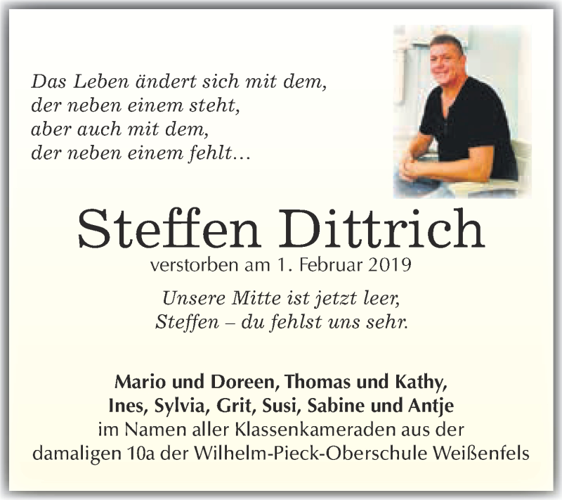  Traueranzeige für Steffen Dittrich vom 11.02.2019 aus WVG - Wochenspiegel Merseburg