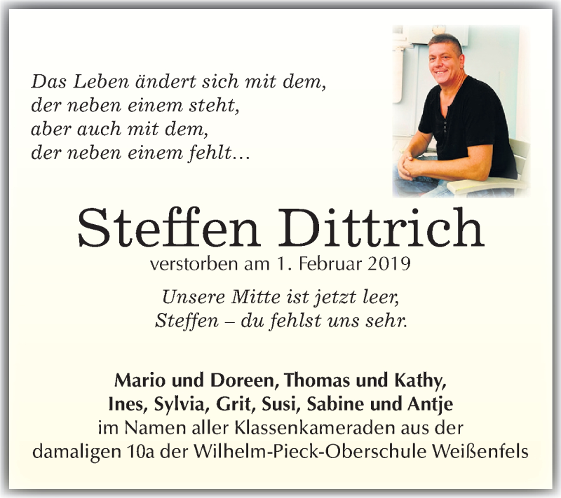  Traueranzeige für Steffen Dittrich vom 16.02.2019 aus Mitteldeutsche Zeitung Weißenfels