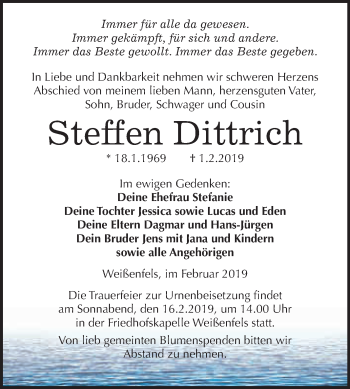 Traueranzeige von Steffen Dittrich von WVG - Wochenspiegel NMB / WSF / ZTZ