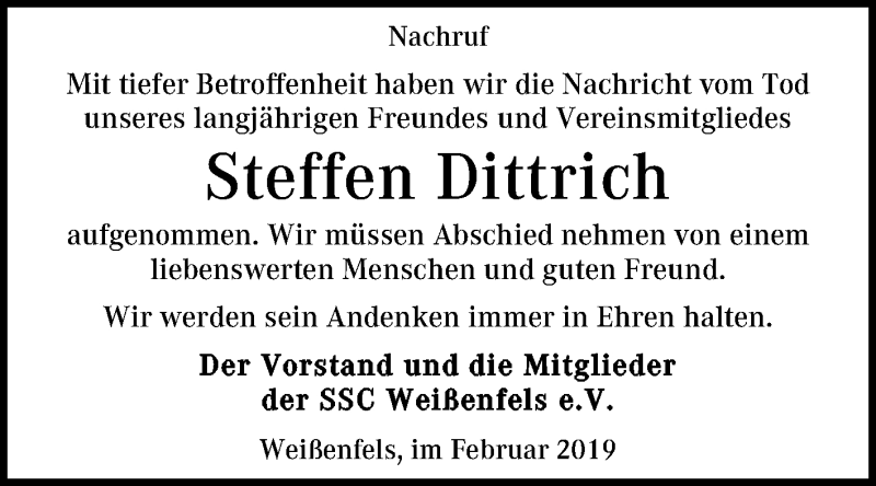  Traueranzeige für Steffen Dittrich vom 16.02.2019 aus Mitteldeutsche Zeitung Weißenfels