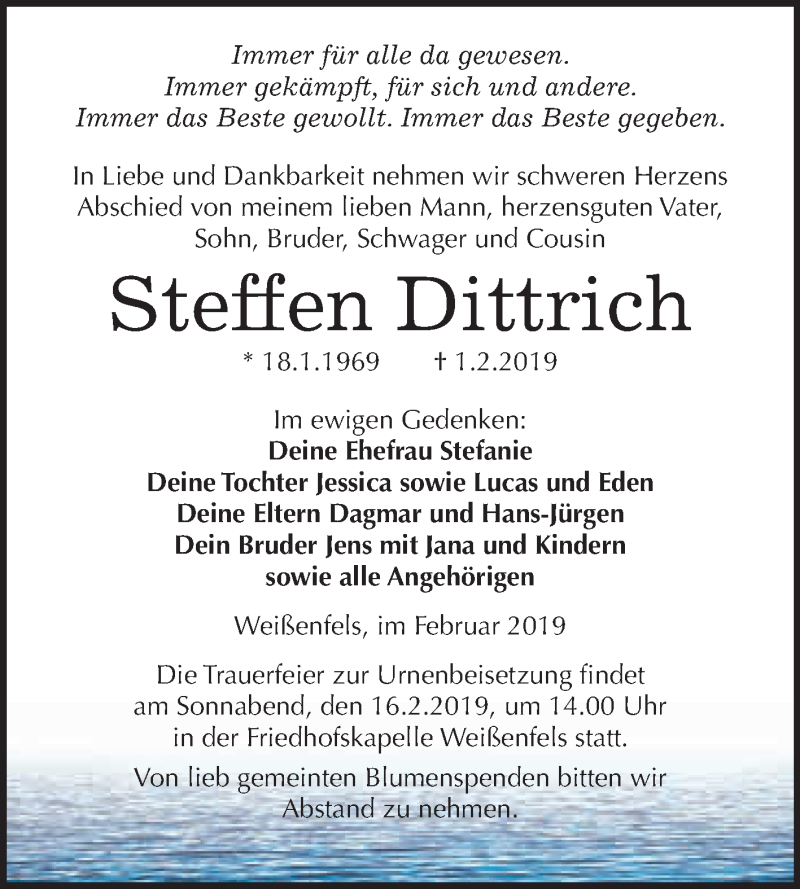  Traueranzeige für Steffen Dittrich vom 13.02.2019 aus WVG - Wochenspiegel NMB / WSF / ZTZ
