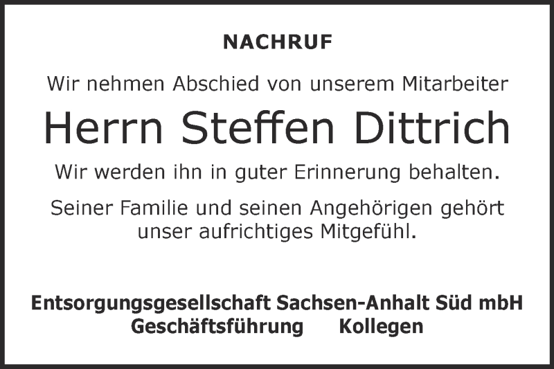  Traueranzeige für Steffen Dittrich vom 20.02.2019 aus WVG - Wochenspiegel NMB / WSF / ZTZ