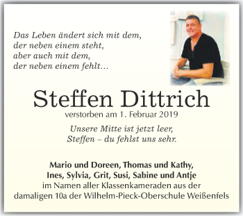 Traueranzeige von Steffen Dittrich von WVG - Wochenspiegel Merseburg