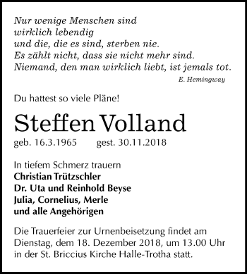 Traueranzeige von Steffen Volland von Mitteldeutsche Zeitung Halle/Saalkreis