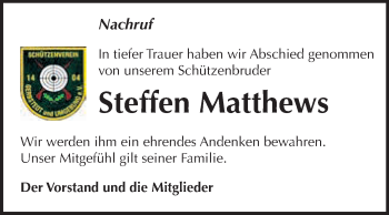 Traueranzeige von Steffen Detlef Matthews von Super Sonntag SGH Mansf. Land