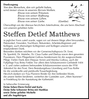 Traueranzeige von Steffen Detlef Matthews von Mitteldeutsche Zeitung Mansfelder Land