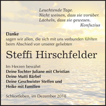 Traueranzeige von Steffi Hirschfelder von Mitteldeutsche Zeitung Weißenfels