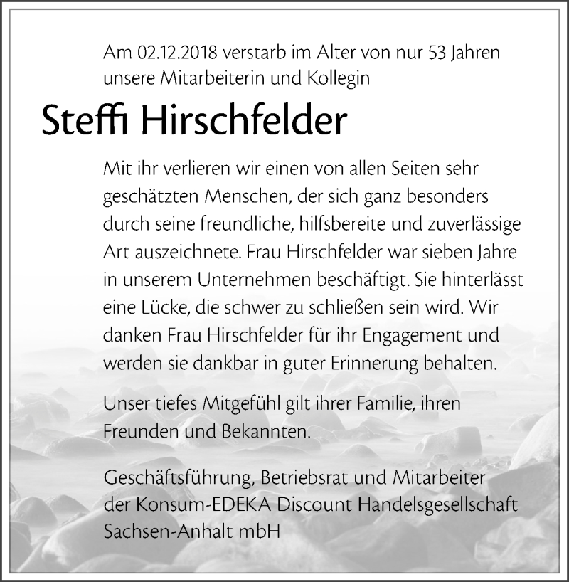  Traueranzeige für Steffi Hirschfelder vom 15.12.2018 aus Mitteldeutsche Zeitung Merseburg/Querfurt