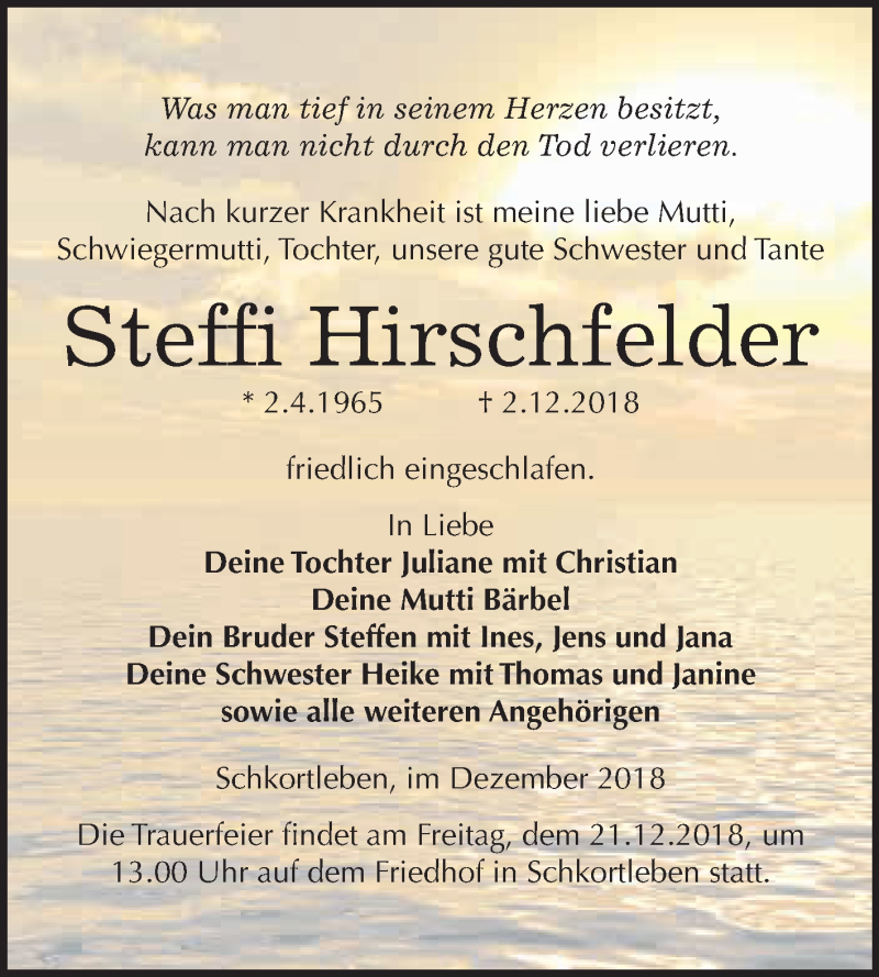  Traueranzeige für Steffi Hirschfelder vom 12.12.2018 aus WVG - Wochenspiegel NMB / WSF / ZTZ