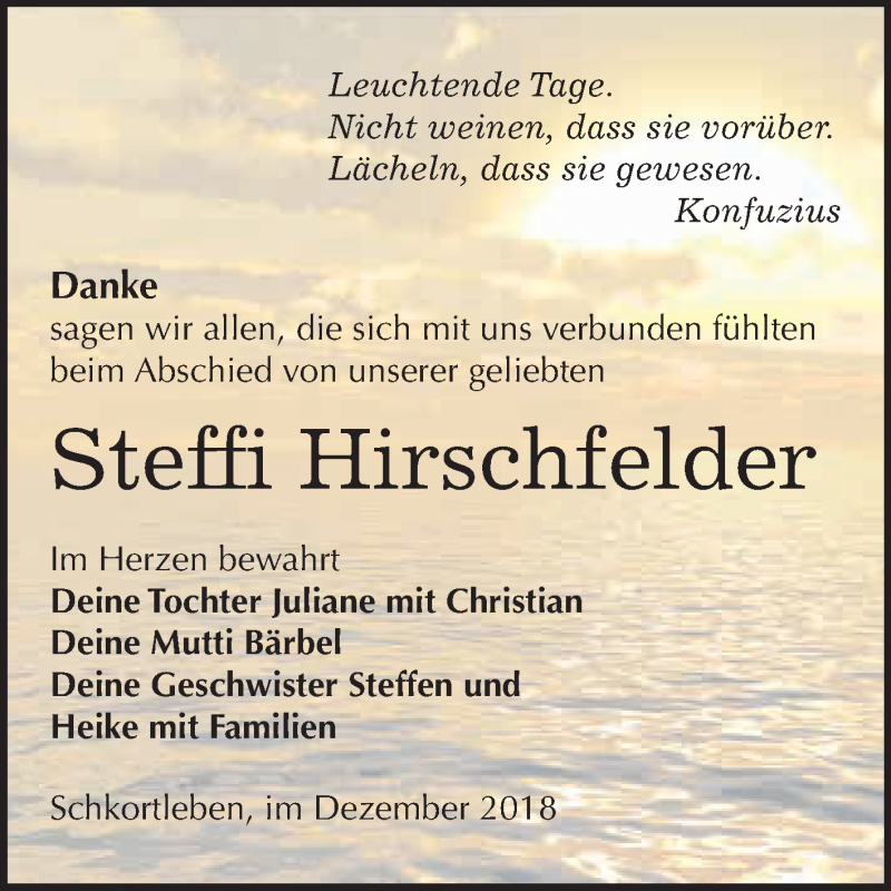  Traueranzeige für Steffi Hirschfelder vom 26.12.2018 aus WVG - Wochenspiegel NMB / WSF / ZTZ