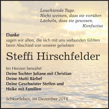 Traueranzeige von Steffi Hirschfelder von WVG - Wochenspiegel NMB / WSF / ZTZ