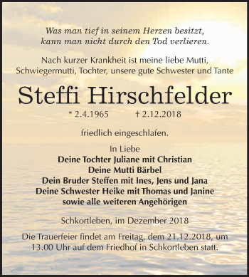 Traueranzeige von Steffi Hirschfelder von WVG - Wochenspiegel NMB / WSF / ZTZ
