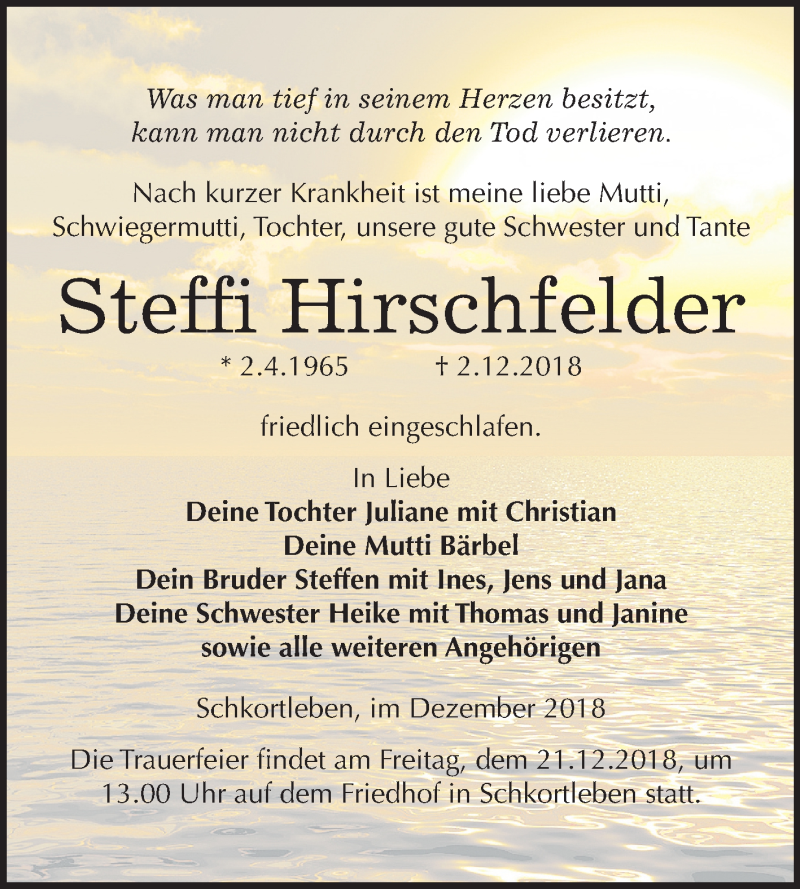  Traueranzeige für Steffi Hirschfelder vom 12.12.2018 aus Mitteldeutsche Zeitung Weißenfels