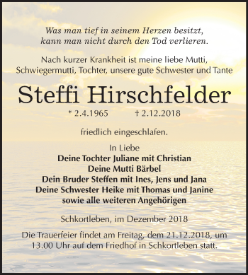 Traueranzeige von Steffi Hirschfelder von Mitteldeutsche Zeitung Weißenfels