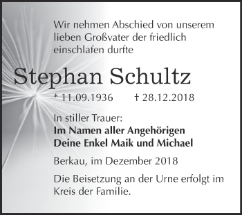 Traueranzeige von Stephan Schultz von WVG - Wochenspiegel Wittenberg
