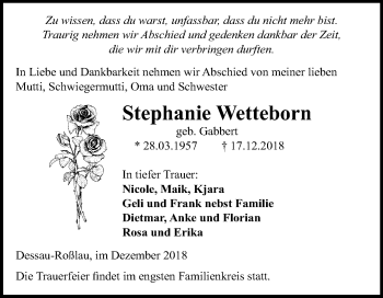 Traueranzeige von Stephanie Wetteborn von Mitteldeutsche Zeitung Dessau-Roßlau