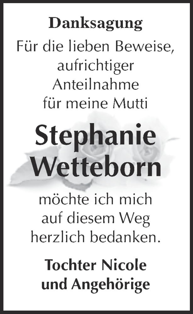 Traueranzeige für Stephanie Wetteborn vom 23.02.2019 aus WVG - Wochenspiegel Dessau / Köthen