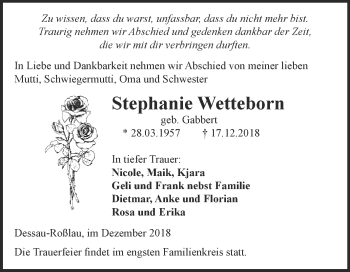 Traueranzeige von Stephanie Wetteborn von WVG - Wochenspiegel Dessau / Köthen