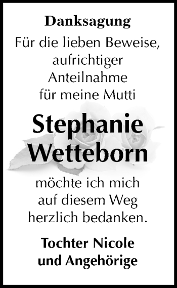 Traueranzeige von Stephanie Wetteborn von Mitteldeutsche Zeitung Dessau-Roßlau