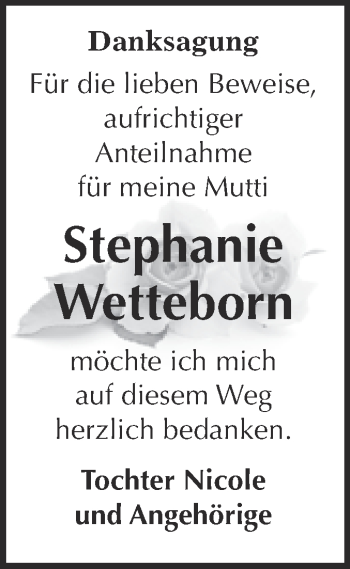 Traueranzeige von Stephanie Wetteborn von WVG - Wochenspiegel Dessau / Köthen