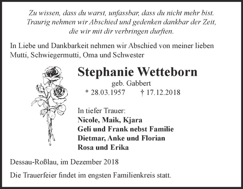  Traueranzeige für Stephanie Wetteborn vom 22.12.2018 aus WVG - Wochenspiegel Dessau / Köthen