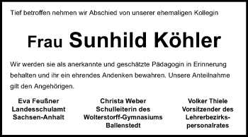 Traueranzeige von Sunhilde Köhler von Mitteldeutsche Zeitung Quedlinburg