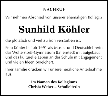 Traueranzeige von Sunhilde Köhler von Mitteldeutsche Zeitung Quedlinburg