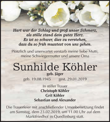 Traueranzeige von Sunhilde Köhler von WVG - Wochenspiegel Quedlinburg