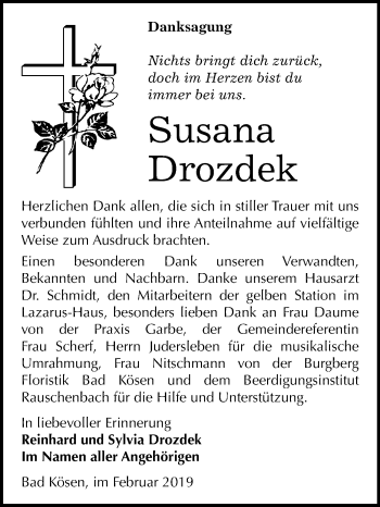 Traueranzeige von Susana Drozdek von Mitteldeutsche Zeitung