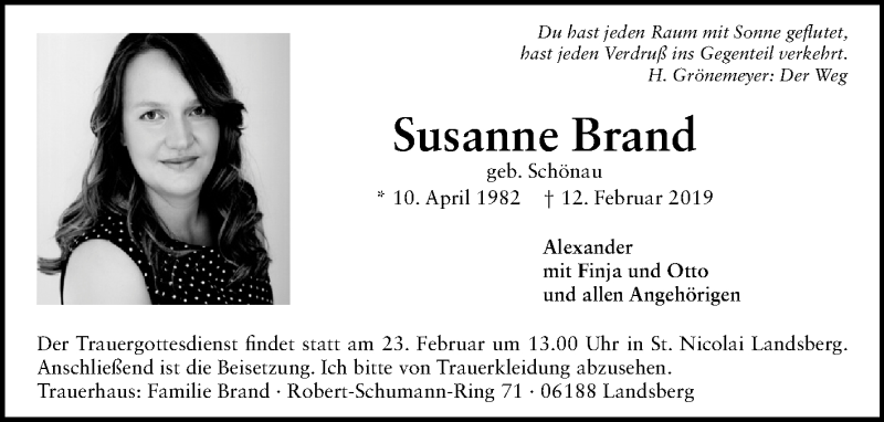  Traueranzeige für Susanne Brand vom 20.02.2019 aus Mitteldeutsche Zeitung Halle/Saalkreis