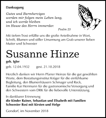 Traueranzeige von Susanne Hinze von Mitteldeutsche Zeitung Wittenberg