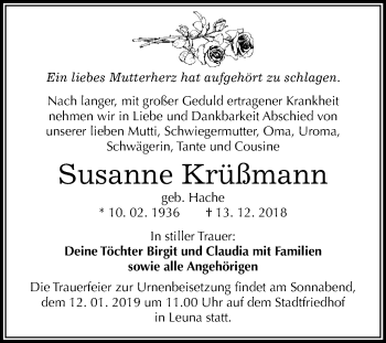 Traueranzeige von Susanne Krüßmann von WVG - Wochenspiegel Merseburg