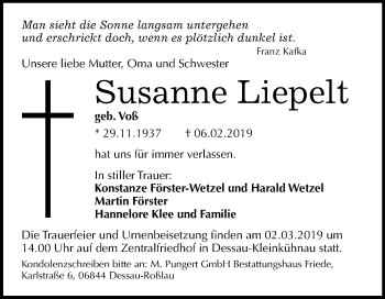 Traueranzeige von Susanne Liepelt von Mitteldeutsche Zeitung Dessau-Roßlau