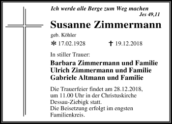 Traueranzeige von Susanne Zimmermann von Mitteldeutsche Zeitung Dessau-Roßlau