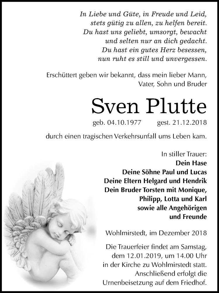  Traueranzeige für Sven Plutte vom 29.12.2018 aus Mitteldeutsche Zeitung Naumburg/Nebra
