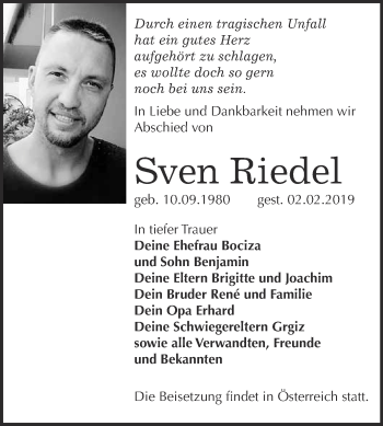 Traueranzeige von Sven Riedel von WVG - Wochenspiegel Bitterfeld