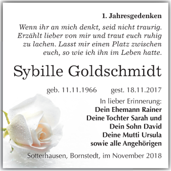 Traueranzeige von Sybille Goldschmidt von Mitteldeutsche Zeitung Sangerhausen